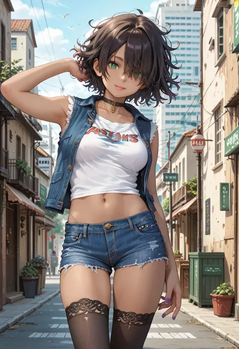 1 girl, 12years old, black hair, black hair,short hair, short hair, floating hair, messy hair, hair over one eye, hair covers one eye, hair cover one eye, big green eyes, purple makeup around the eyes, choker, medium breast, medium breast, brown skin, brow...