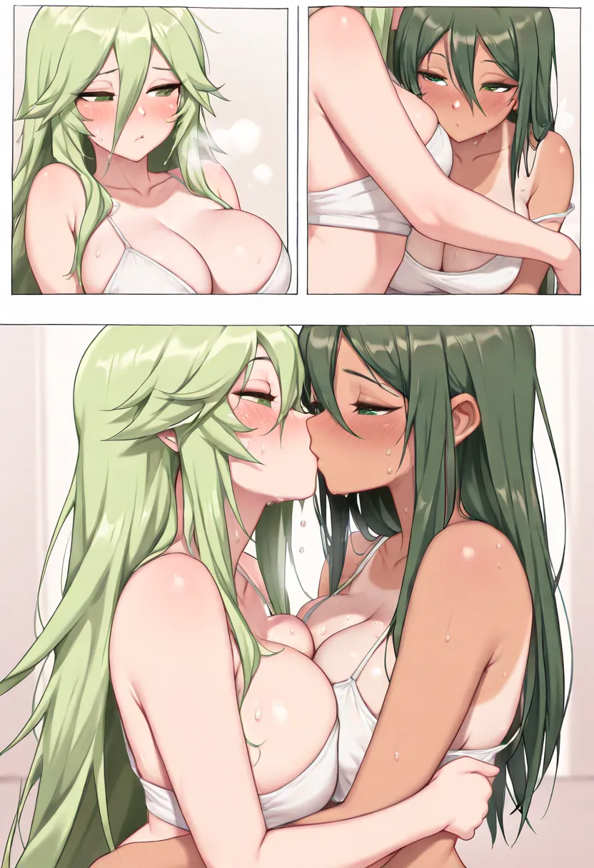 ((masterpiece)),(((best quality))),  two women, lily, Lesbian, bigger breasts in bikinis, Feminine, tanned skin, green eyes, green color, stupid hair, Abnormally long hair, green hair,  hair in front of me, hair between eyes, Big Breasts, sweat, Steamy, ve...