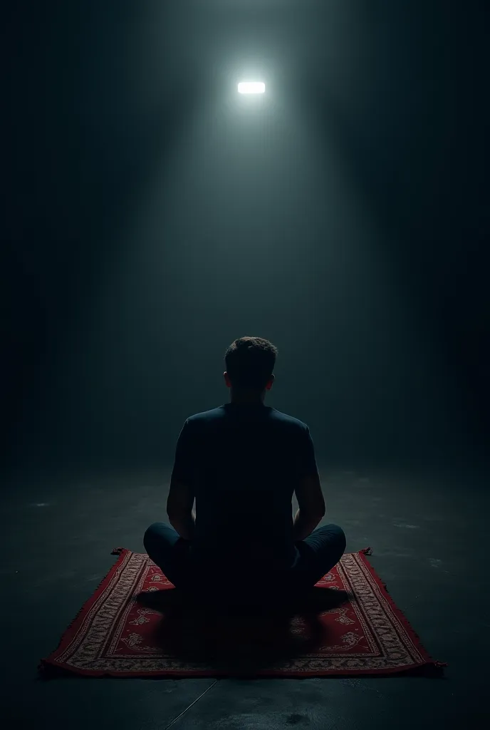 
"A dramatic and thought-provoking digital artwork depicting a person sitting alone in darkness, with an empty prayer rug in front of them. The atmosphere is melancholic, symbolizing inner emptiness and loss. A faint light shines from a distant source, hin...