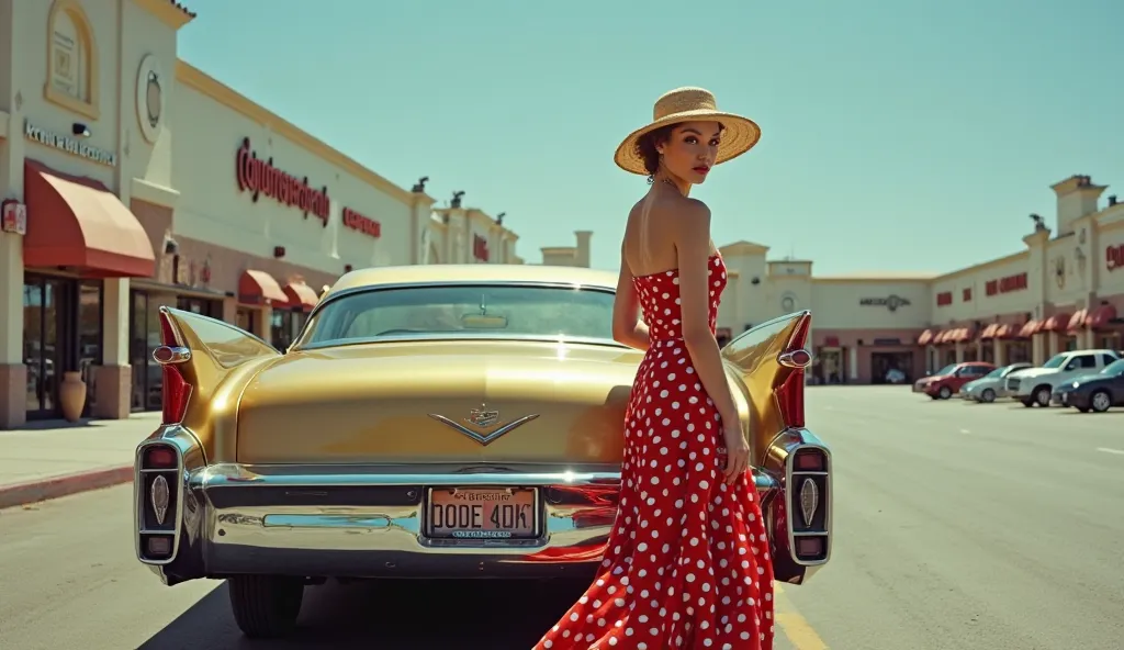 (((full body))) FULL BODY woman dressed elegantly, with a strapless red dress with white polka dots and wearing an elegant hat according to the fashion of the 1950s, is standing in a parking lot of a large SHOPPING MALL in the background, the woman (((is n...