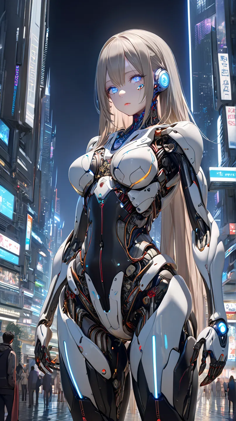 An intricate mechanical body, android ,science, light emitting diode ,Metal, high definition , best quality, high definition , anatomically correct , Very detailed, Ultra High Definition, textured skin , whole body,whole, Future City,night,1人の女の子, ワインレッド,