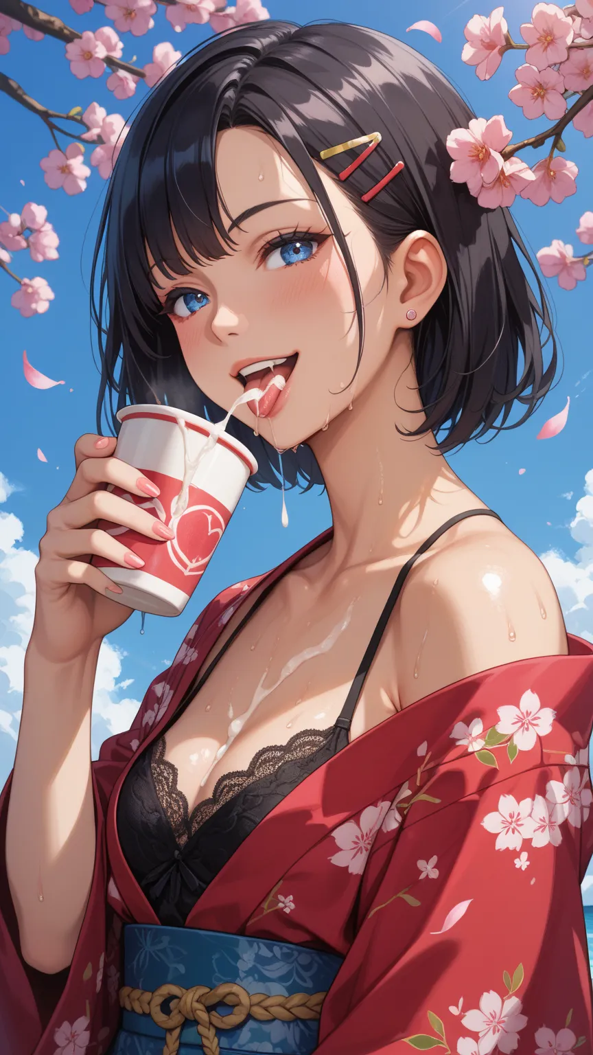 best image quality、anatomically accurate、Japanese parks where cherry blossoms are in full bloom、Black lace kimono、 drinking semen、is at its peak、semen has accumulated in her mouth and on her tongue、semen has accumulated in her chest、Her whole body is wet w...