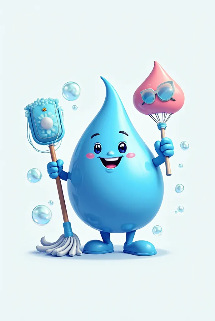 Create a cartoonish and striking logo for cleaning products. The Main image should be a blue drop of detergent with feet and hands, smiling and holding a floor mop in his hands, as if it were an animated character. The droplet must have a friendly and dyna...