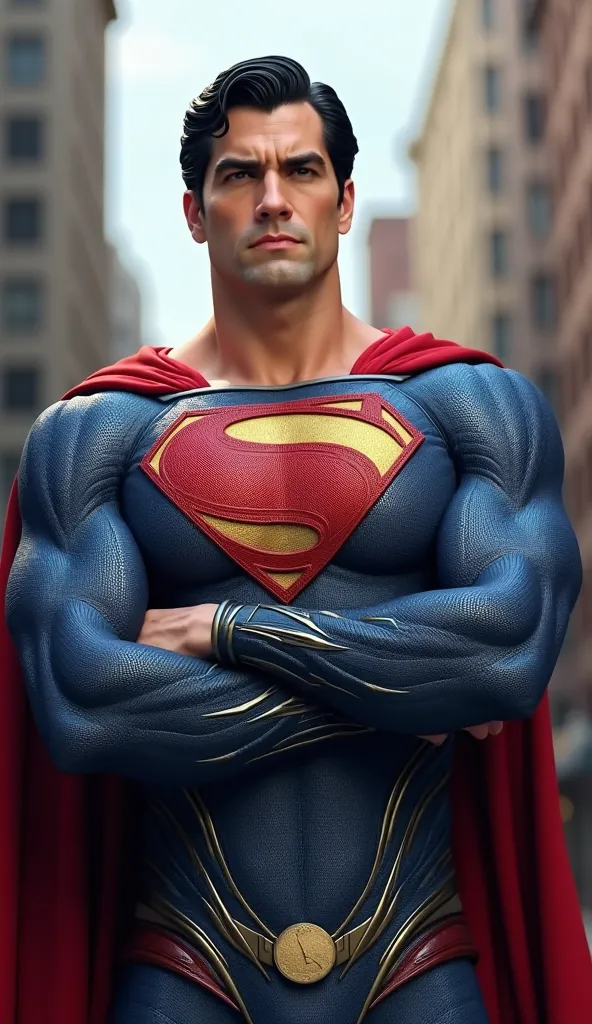 realistic CGI image of Superman, posing with arms crossed with a serious and stately expression. The Superman costume is impeccably detailed, with the materials reflecting light precisely. The lighting highlights his features, and the posture conveys autho...