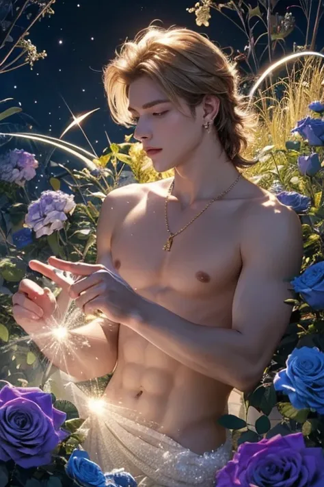 1 boy with puffy nipples, nude,  golden hair , сияющие Rays of light, sparkling jewelry,  glowing particles , Rays of light,  Masterpiece , high quality, best quality, official art, Beautiful and aesthetic, 1boy, extremely detailed,fractal art,  Colorful ,...