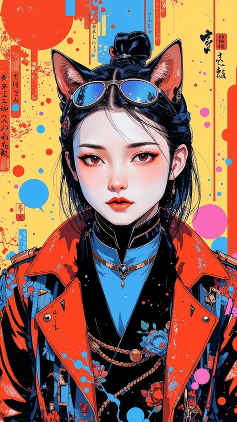 top-quality))、((masterpiece)、cyberpunked、young korean catgirl, revealing cyberpunk clothing, purples, blues, reds, (andy warhol), illustrated anime, retro style classic, no background, neon colorsplash background, glitter dust, ethereal, shiny skin,