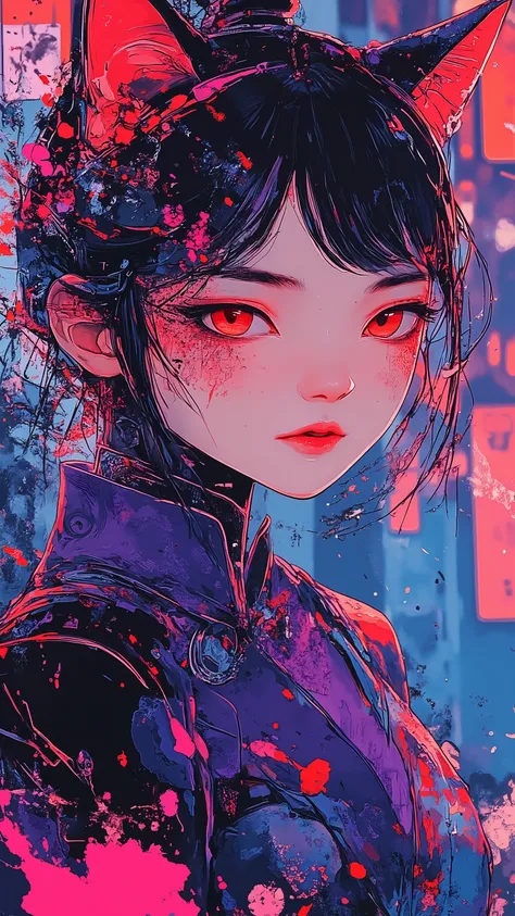 top-quality))、((masterpiece)、cyberpunked、young korean catgirl, revealing cyberpunk clothing, purples, blues, reds, (andy warhol), illustrated anime, retro style classic, no background, neon colorsplash background, glitter dust, ethereal, shiny skin,