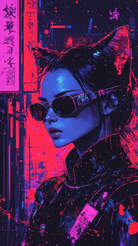 top-quality))、((masterpiece)、cyberpunked、young korean catgirl, revealing cyberpunk clothing, purples, blues, reds, (andy warhol), illustrated anime, retro style classic, no background, neon colorsplash background, glitter dust, ethereal, shiny skin,