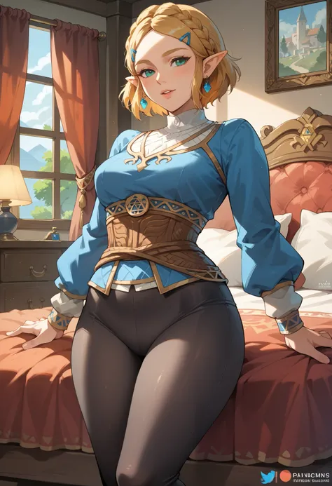 Masterpiece, 8k quality, extremely detailed, Zelda, short hair, bedroom, medieval clothing, black leggings