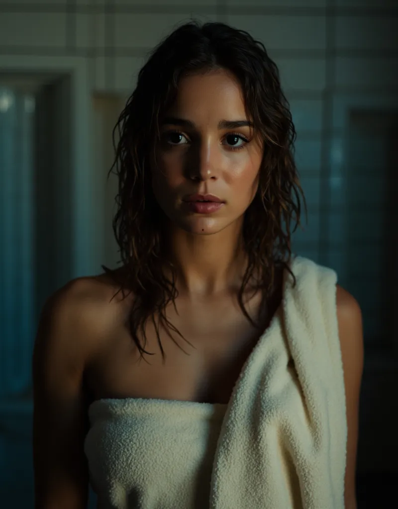 An artistic portrait of alba baptista in a dark locker room naked. Her hair and body is wet. She is wearing towel around her neck.