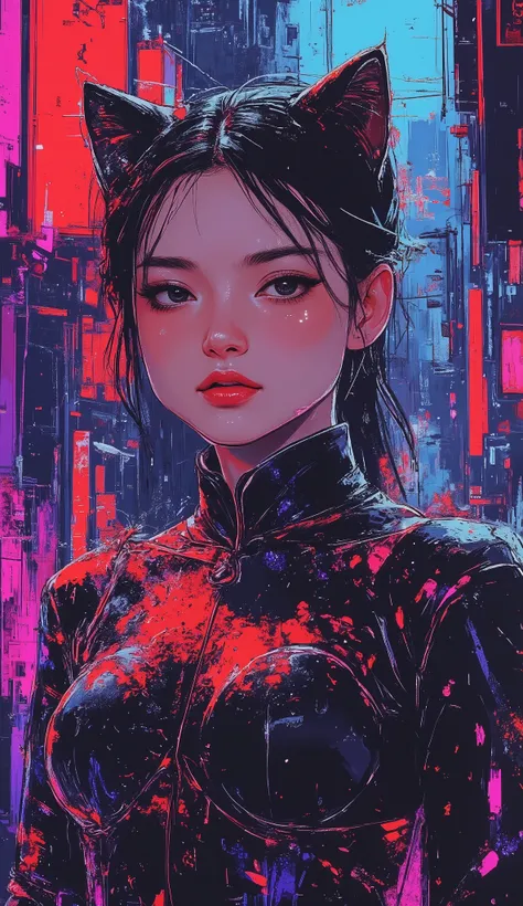 top-quality))、((masterpiece)、cyberpunked、young korean catgirl, revealing cyberpunk clothing, purples, blues, reds, (andy warhol), illustrated anime, retro style classic, no background, neon colorsplash background, glitter dust, ethereal, shiny skin,