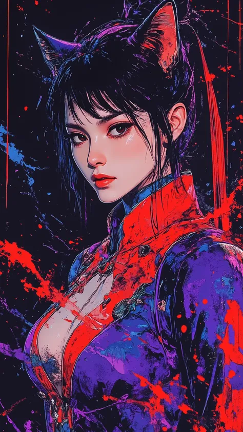 top-quality))、((masterpiece)、cyberpunked、young korean catgirl, revealing cyberpunk clothing, purples, blues, reds, (andy warhol), illustrated anime, retro style classic, no background, neon colorsplash background, glitter dust, ethereal, shiny skin,