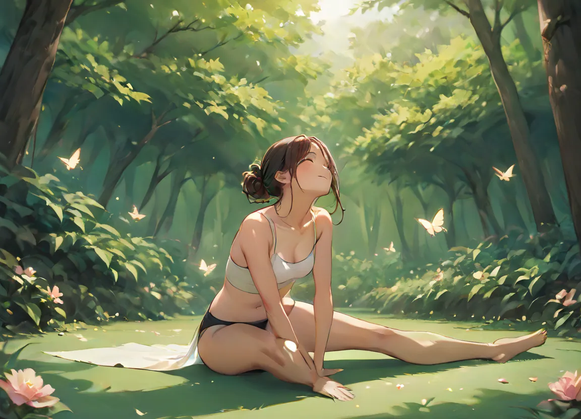 A joyful and energetic girl performs a frog pose exercise on a yoga mat, surrounded by lush greenery and blooming flowers in a vibrant nature setting. Her graceful and confident posture highlights her flexibility and athletic ability, with precisely define...