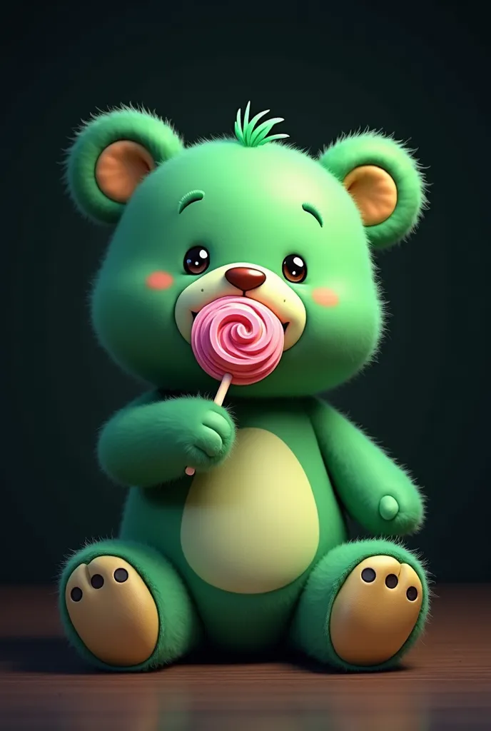 Very happy green teddy bear, sucking lollipop, BLACK BACKGROUND 