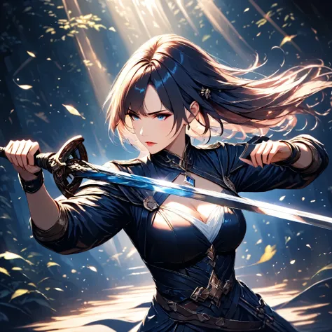 (masterpiece, best quality:1.2), 1 woman, solo, raise a sword, Fantasy Forest, mystical atmosphere, Sunlight Spotlights, Sharp Focus, PHOTOGRAPHIC REALISM, Narrative Poses, dignified expression, Digital Illustrations with Perfect Details