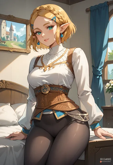 Masterpiece, 8k quality, extremely detailed, Zelda, short hair, bedroom, medieval clothing, black leggings
