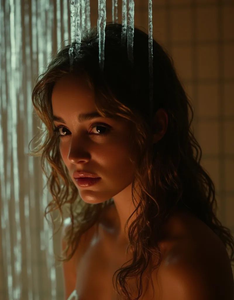 An artistic portrait of alba baptista taking a shower in a dark shower stall.