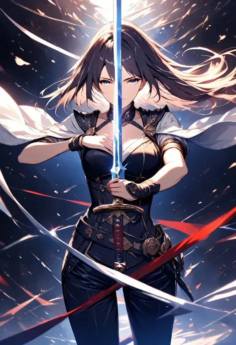 (masterpiece, best quality:1.2), 1 woman, Alone, ROUGH, Raise your sword、and slash at you, Dynamic orthogonal composition,