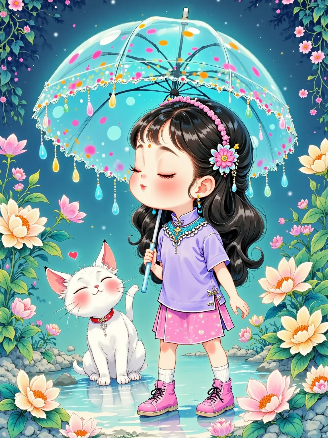 This is a dreamy illustration. In the center of the photo is a cute  with long black curly hair and a pink headband, wearing a light blue top, a pink pompadour skirt, white socks and pink sneakers. She was carrying a clear translucent blue umbrella, its su...