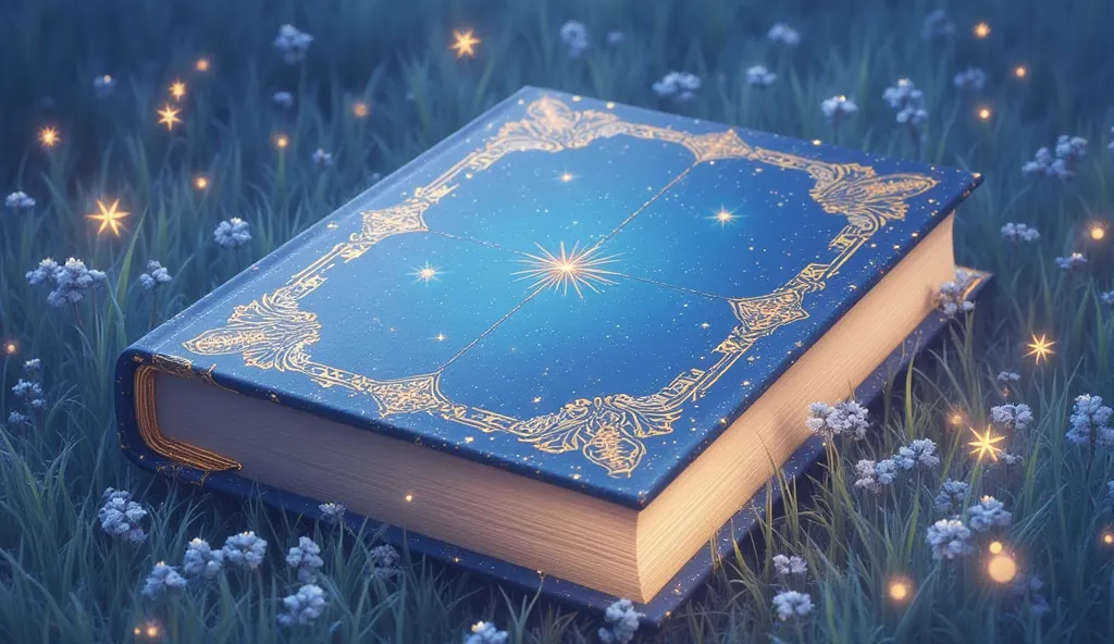 "A highly detailed book cover with delicate golden ornaments along the edges. The background of the cover features a night sky with glowing constellations and fireflies flying over illuminated grass. The book is closed, and the scene around it shows the sa...