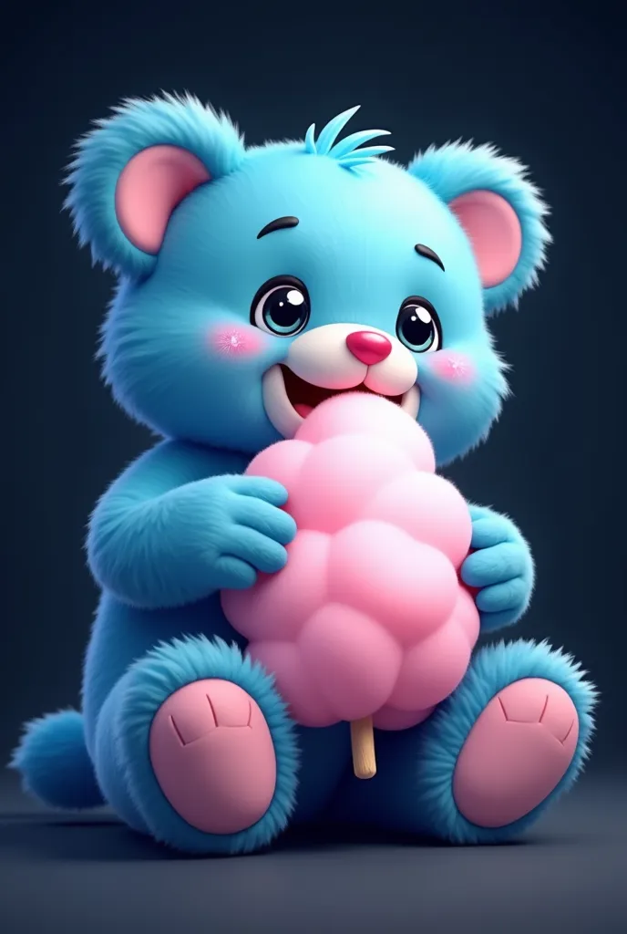 blue teddy bear, Very happy eating cotton candy, BLACK BACKGROUND 