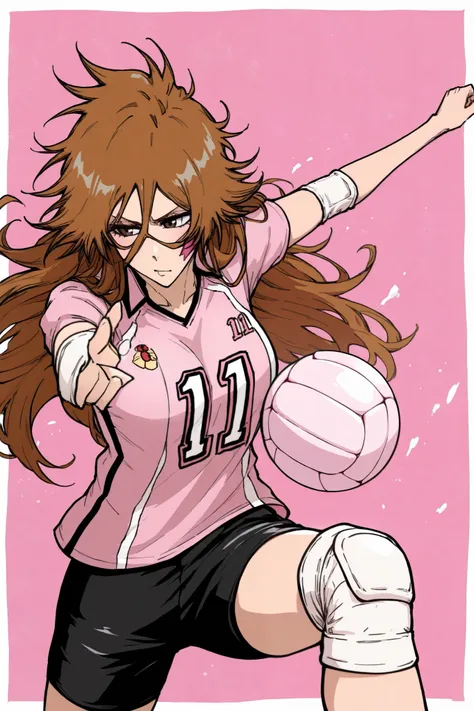 Female girl,long hair, Bleach, black shorts, volleyball knee pads, pink volleyball shirt with the number 11 in the center, super long messy Brown hair, volleyball, Ladybug light pink medium mask