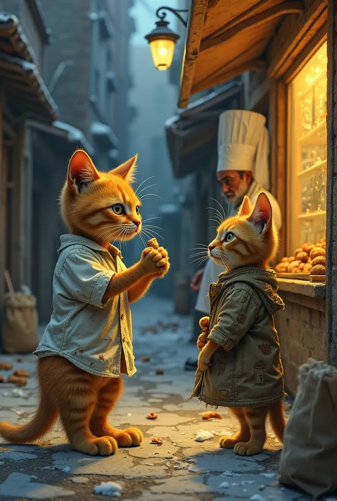 *"A small, scruffy yellow cat, standing upright like a human, wears a tattered white button-down shirt with small holes and dirt stains. His fur is unkempt, and his expression is conflicted as he holds a small, stale piece of bread in his paws. In front of...