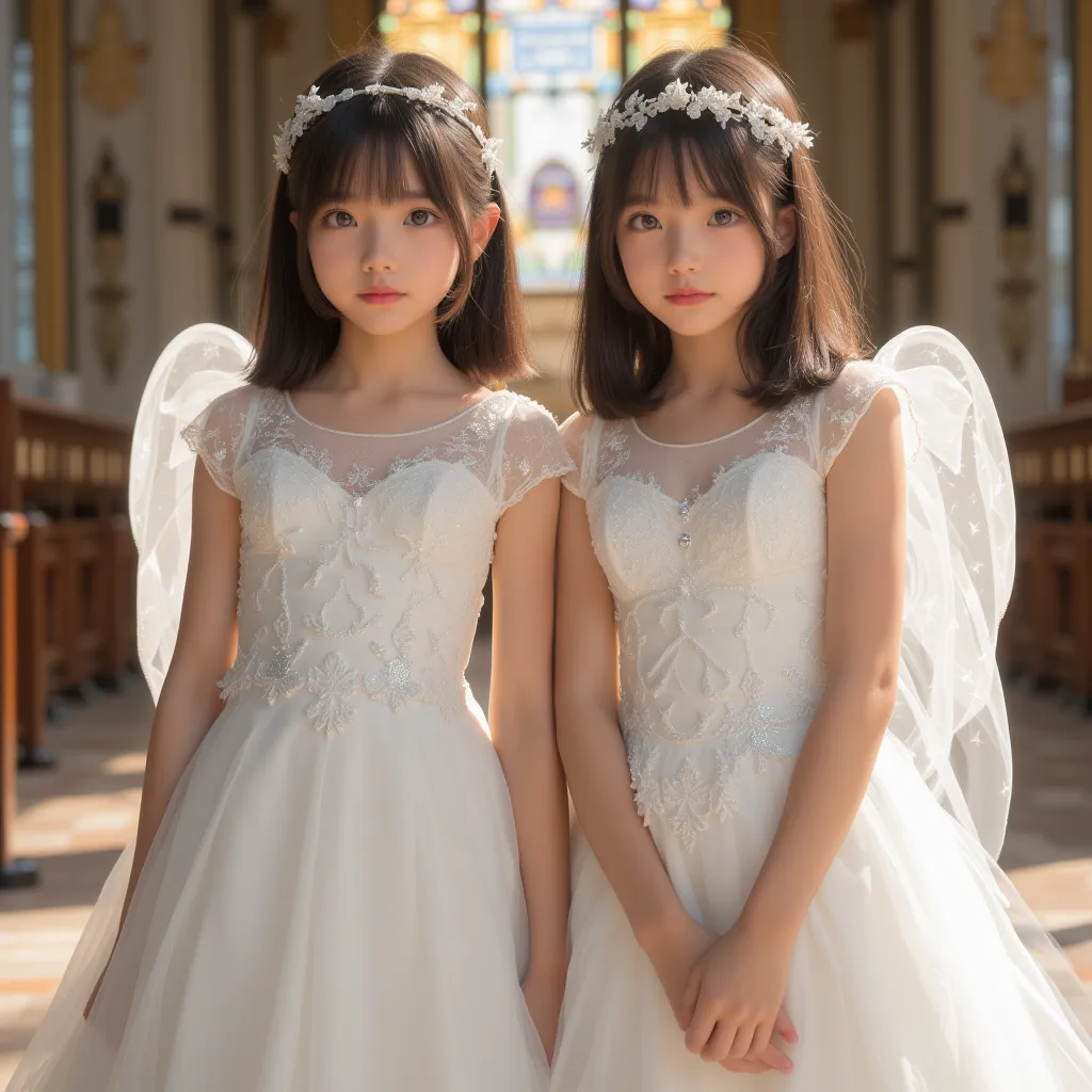 cuteloli,loli,hyper realistic,HD,best quality,8K,Exquisite details,(14-years-old),(wedding dress),looking at viewer,depth of field,full_body_shot,head to thigh shot,twins,church