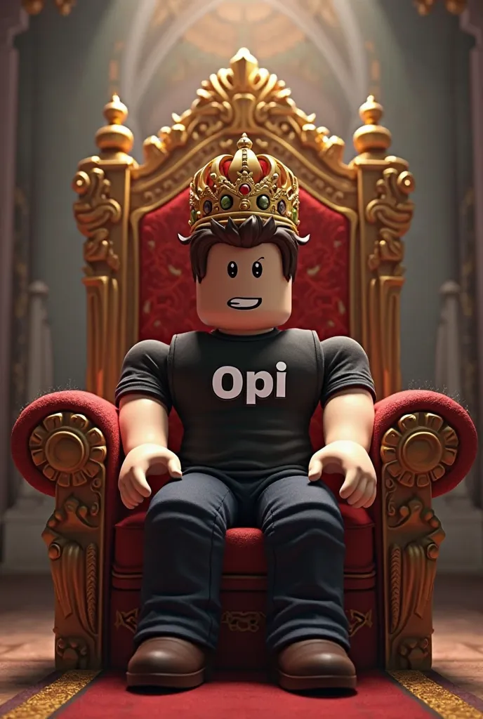 Make a Roblox character with the name opi on the shirt and has a crown on his head sitting on a throne