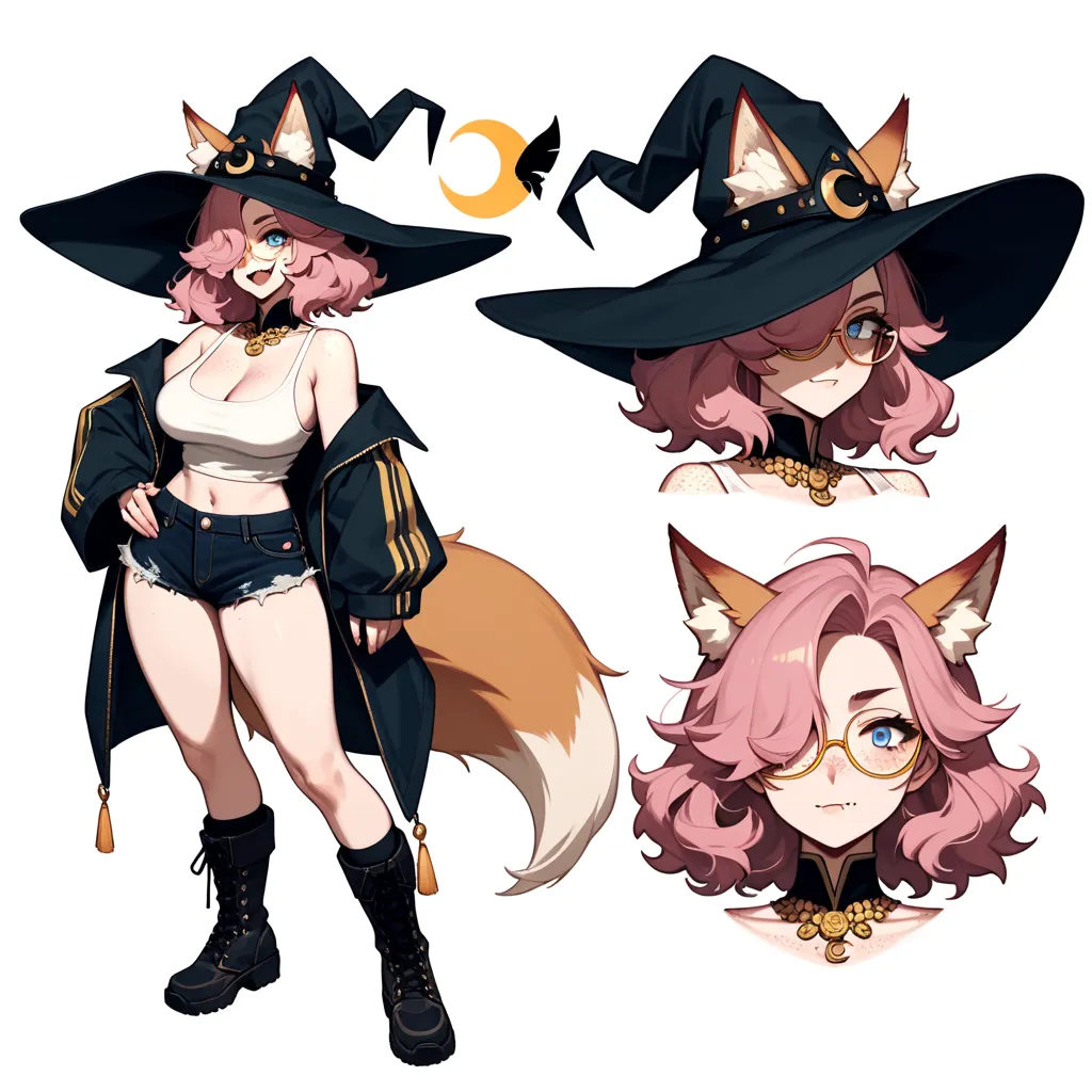 Solo women, bust up, 1girl. She is plus sized. She is busty. She has dirty pink hair, wavy textured hair, light tan skin with freckles, and bright blue eyes. She has fox ears and fox tails. Her skin is soft, dotted with freckles and beauty marks. She is we...