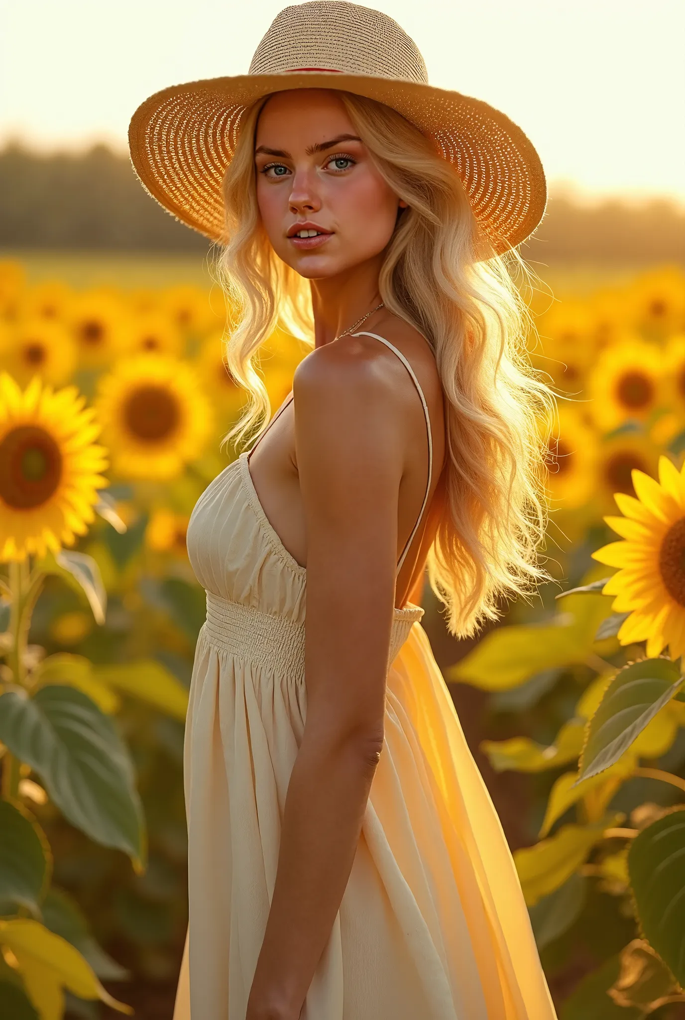 (photorealism:1.2), (full body shot) Beautiful, stunning, gorgeous, stunning woman, blond hair, green eyes, slender legs, soft features, muse, goddess, realistic skin, extremely detailed full body shot of a strikingly stunning woman, long summer dress, sty...