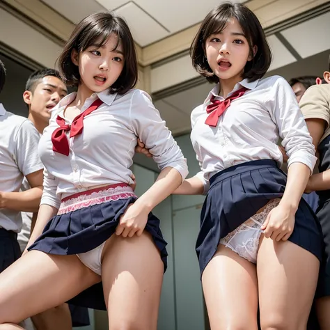 Baby-faced female students forced to participate in a furious group skirt spinning game by male students, Horny male students plucking off the school uniforms of female students, Pretty girls screaming with flashy lace flower patterns covered in shame when...