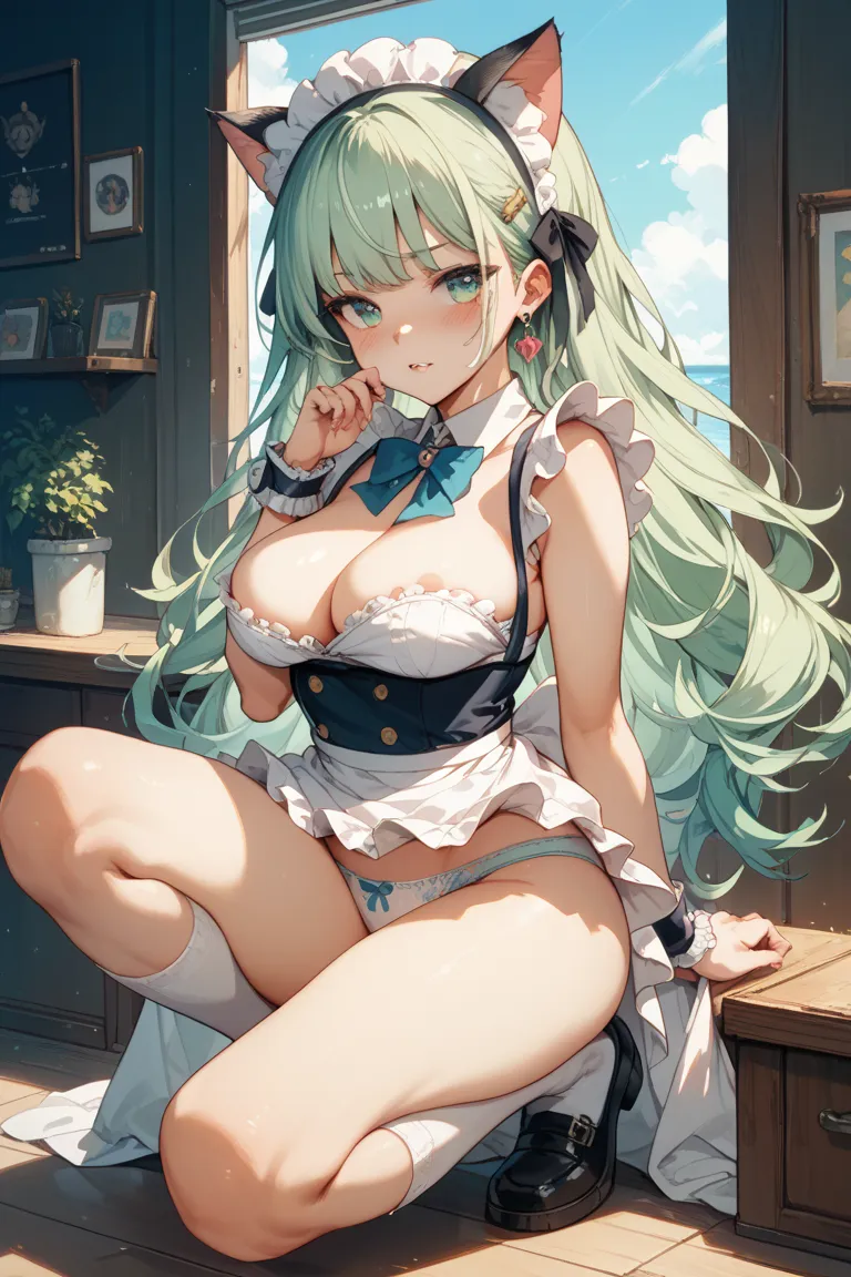 Cat ears。light green hair。bigger breasts for fighter jets。maid clothes。blushes。 troubled face。squatting。Plain underwear。from the front。 my crotch is stuffy 。uncorrected。