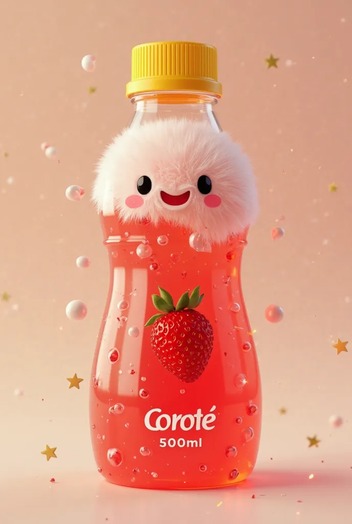 A medium transparent bottle with a fluffy face and with a red liquid inside and with a yellow cap with a label on the outside written Corote Strawberry Flavors and below the number 500ml 