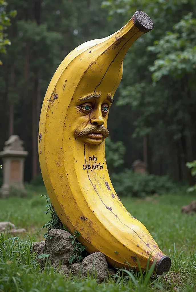 Create a headstone shaped like a banana that contains a man crying on the headstone and that the headstone reads RIP Isaith 