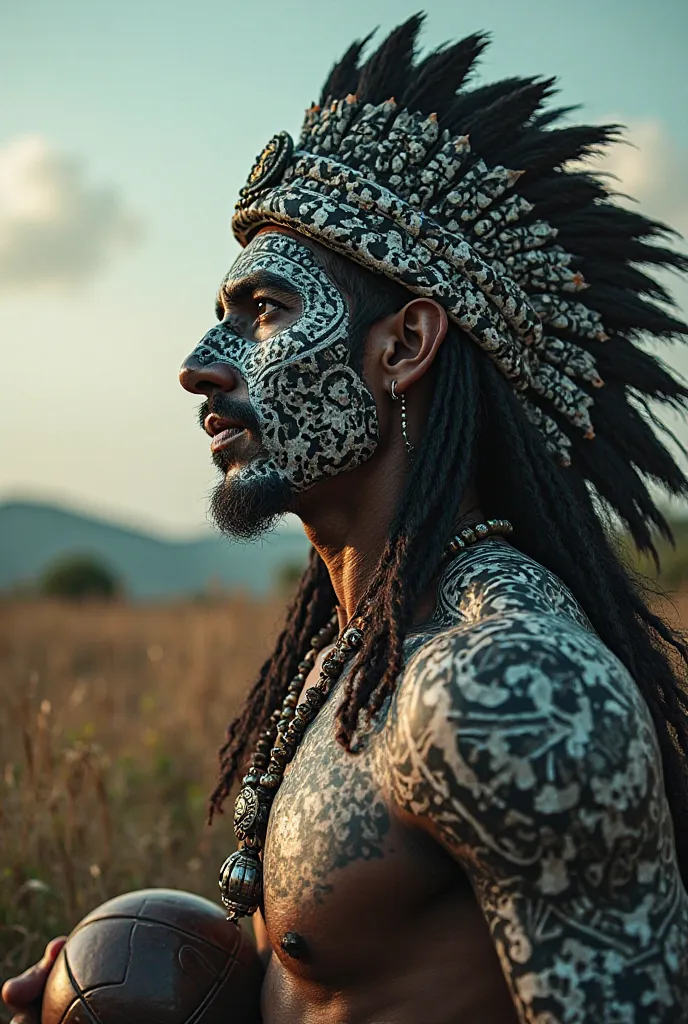 A Mayan warrior (ball game) face painted black and white, with jaguar headdress, looking towards the horizon.. with hand extended towards the horizon, holding a ball. Top quality, 8K, Masterpiece: 1.3)), sharp focus. In a dramatic contrapposto pose, . His ...