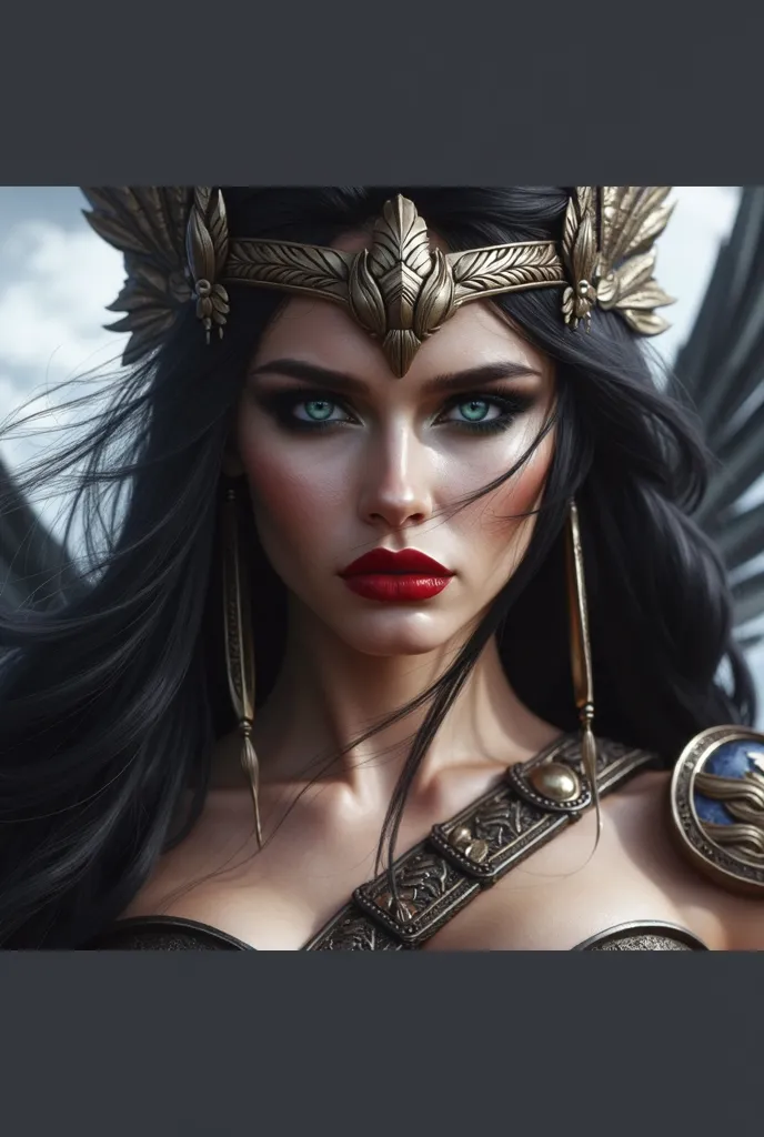 GODDESS VALKYRIE, standing on Olympus. WAVY JET BLACK hair, INTENSE GREEN eyes, piel blanca, (big breasts) (small waist) (big ass) (slender legs), beautiful features, Unreal, delicate. 