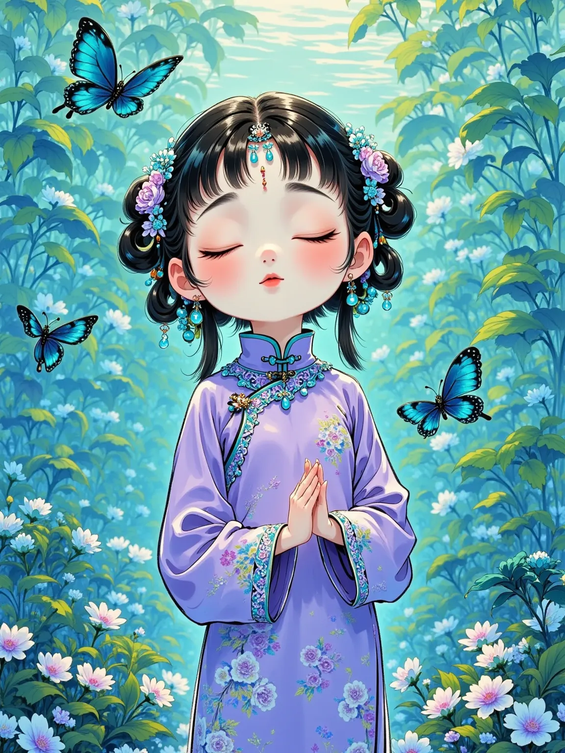 Illustration,AJFHUAN,Illustration,AJFHUAN,Realistic underwater photography, a black haired girl with beautiful eyes and vibrant colors, surrounded by many butterflies emitting blue flames around her body. The colors are rich and the background is water, pr...