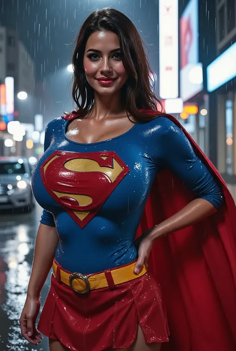 GRABBING HER BOOBS , MOANING IN PLEASURE , HEAD TILTED BACK. SHE PROUDLY WEARS HER 1980 SUPERGIRL COSTUME AND CAPE."A breathtaking full-body portrait of a stunning YOUNG CHINESE      woman dressed as Superman, standing confidently in the rain. She wears an...