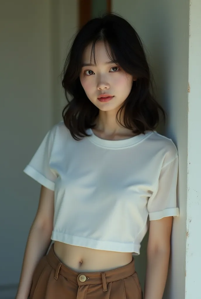 Headshot of a Japanese woman wearing a white t-shirt with transparent nipples wearing brown chinos