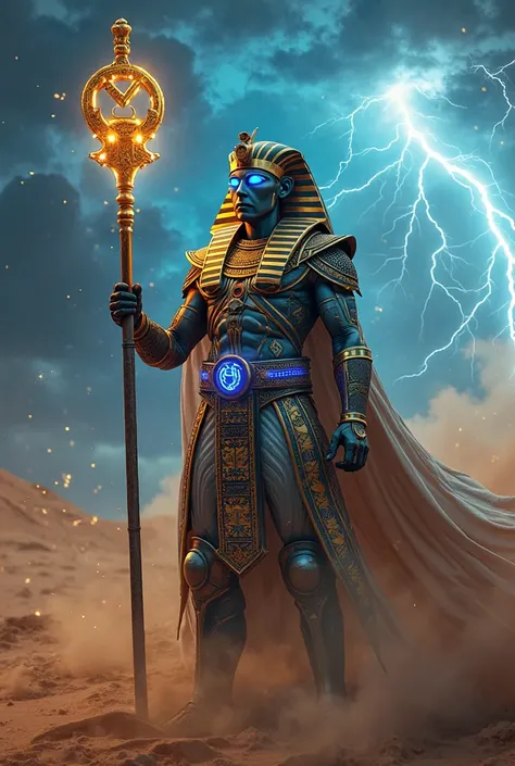 epic desert landscape, holding a staff with a powerful glowing ankh. His armor combines elements of Ancient Egypt with advanced technology, emitting neon blue lights and gold accents. The sky is charged with electrical storms and energetic sparks, dramatic...