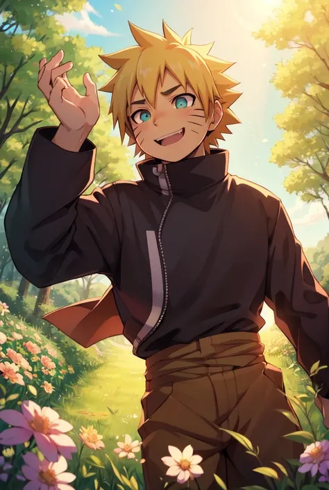  Imagine Naruto standing in a vibrant green field, his bright blonde hair catching the sunlight. He looks up at the clear blue sky, a wide smile on his face, radiating pure joy as the sun shines warmly on him, creating a perfect moment of happiness. - **Se...