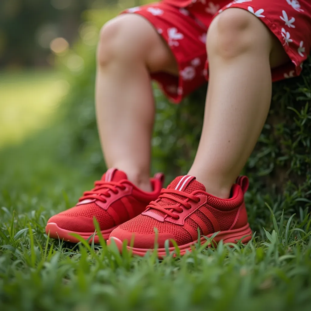 high quality,  8K Ultra HD, ren's shoe model, red. on the feet of a  sitting on the grass. Comfortable and safe shoes for the 's active growth and development. 