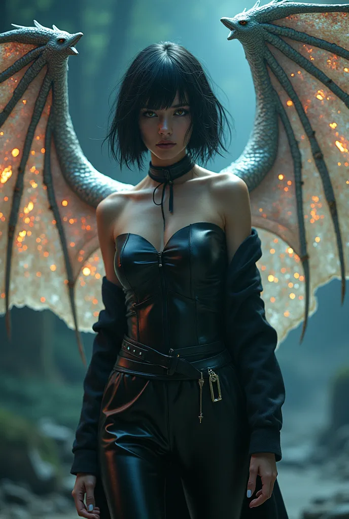 fair-skinned woman, Golden-Eyes, short black hair and silver dragon wings, reflecting various colors, wearing black leather pants and a black leather jacket