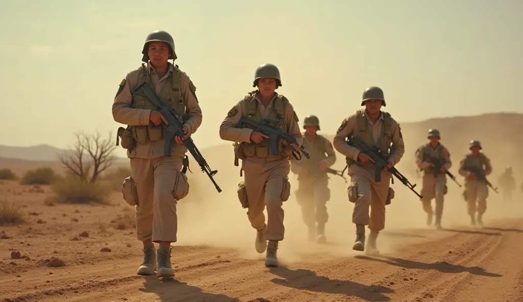 Camp militaire improvisé dans le désert : adolescents en haillons maniant des AK-47 rouillés sous les cris d’un chef armé. Visages fermés, sueur mêlée à la poussière. Au sol, des douilles vides et une gourde éventrée."*  
**Style** : Croquis au charbon dyn...