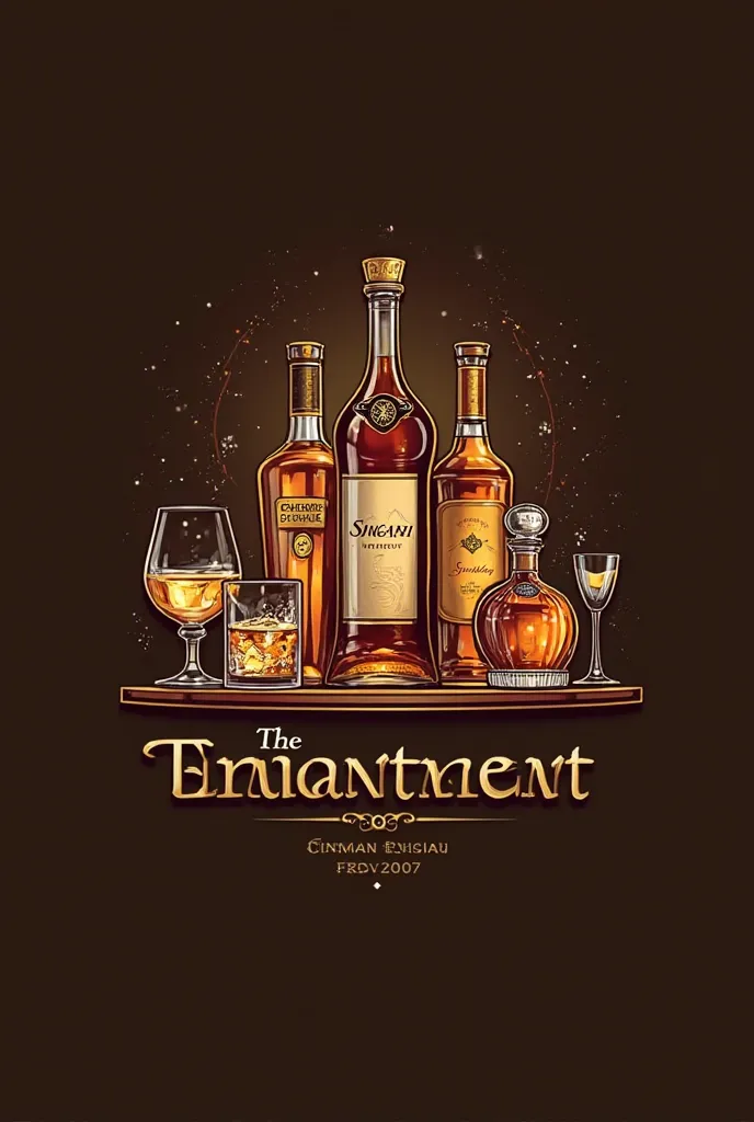 Create a logo with the name of the liquor store the enchantment with the images of whiskey bottles,Champagne,Singani and a couple of glasses toasting