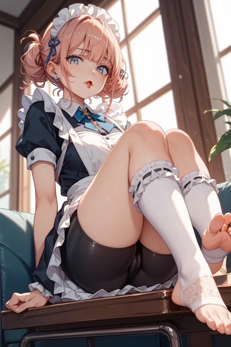 girl around her neck、Maid、sitting、frill socks、from below、 Ashikiri、embarrassing、bike shorts、Puffy Lips、toeless legwear、cross lace legwear、masterpiece、top quality、uncorrected