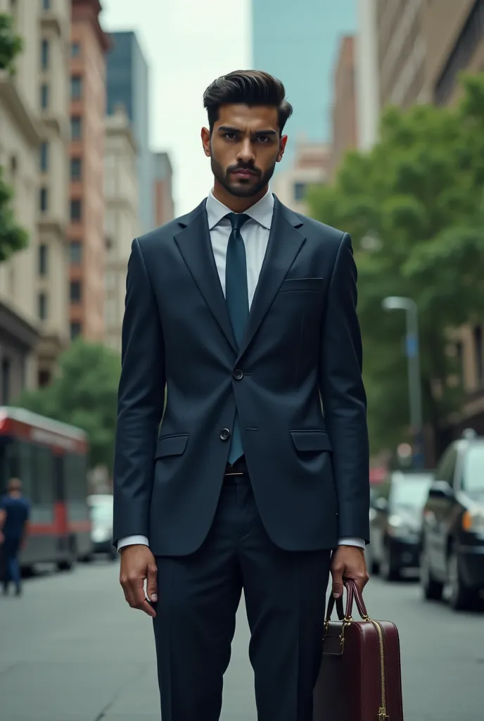 Ramesh standing outside the office, looking at the briefcase with a determined look on his face. He decides to turn away from the offer, symbolizing his commitment to honesty.