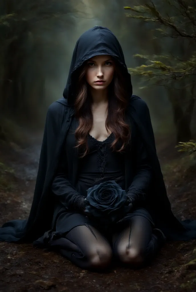 A woman adorned in dark attire sits amongst greenery, evoking a gothic aesthetic, She wears a long black cloak that drapes over her shoulders and down to her knees,  A black hooded fabric covers the upper portion of her face, Her face is partially visible ...