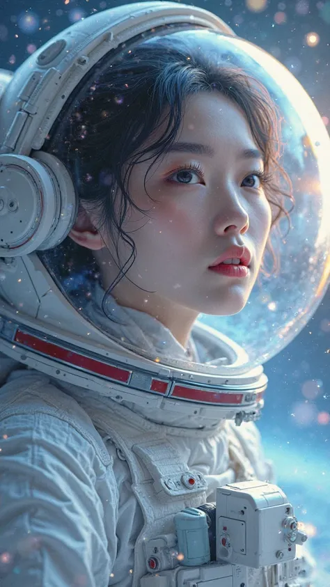 (Qingxu _realistic portrait photography of Asian beauty_ v16_f.16), Beautiful Japanese woman cosmonaut taking in very beautiful space, She has tight white leggings Licra, She has a white spacesuit,background floating through space, Jupiter planet V1, and w...